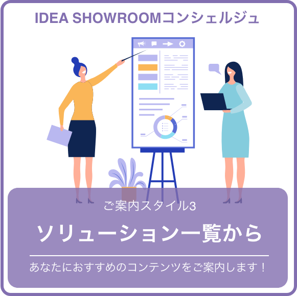 IDEA SHOWROOMコンシェルジュ ご案内スタイル3 ソリューション一覧から あなたにおすすめのコンテンツをご案内します！